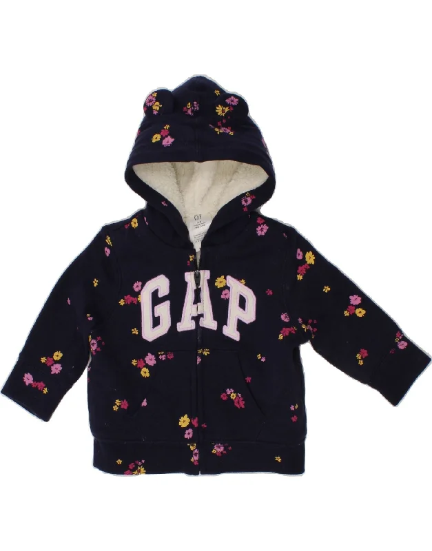 GAP Baby Girls Graphic Zip Hoodie Sweater 3-6 Months Navy Blue Floral