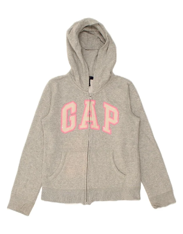 GAP Girls Graphic Zip Hoodie Sweater 12-13 Years 2XL Grey Cotton