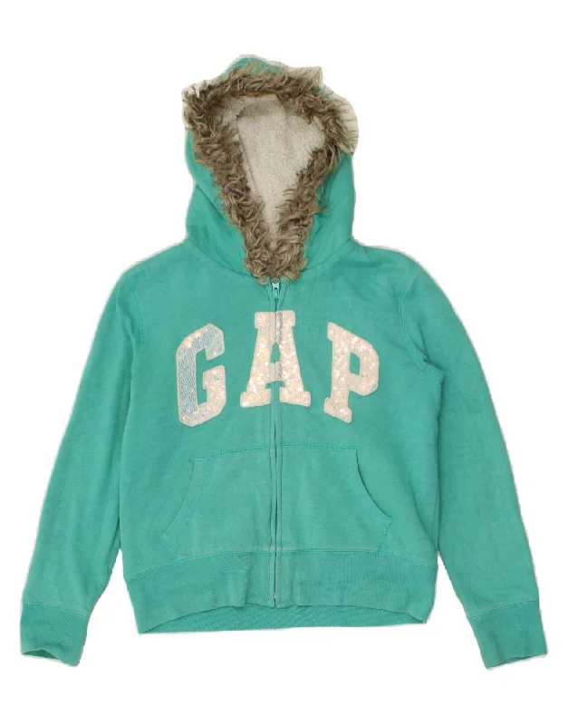 GAP Girls Graphic Zip Hoodie Sweater 14-15 Years 2XL Green Cotton