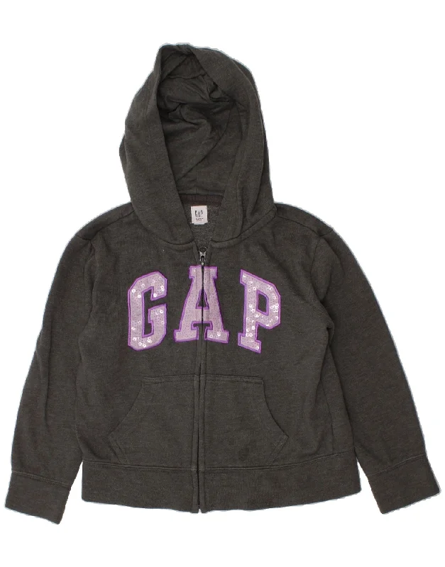 GAP Girls Graphic Zip Hoodie Sweater 6-7 Years Small Grey Cotton