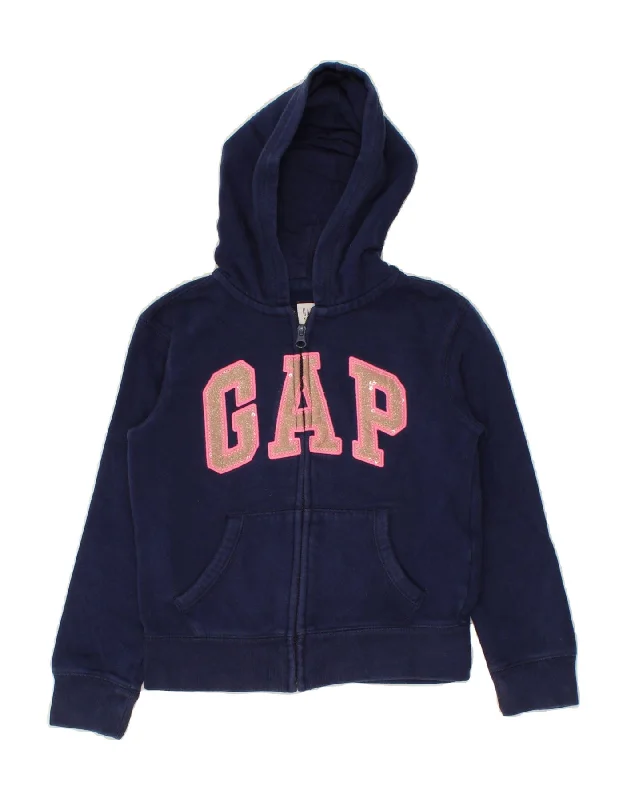 GAP Girls Graphic Zip Hoodie Sweater 7-8 Years Medium Navy Blue Cotton