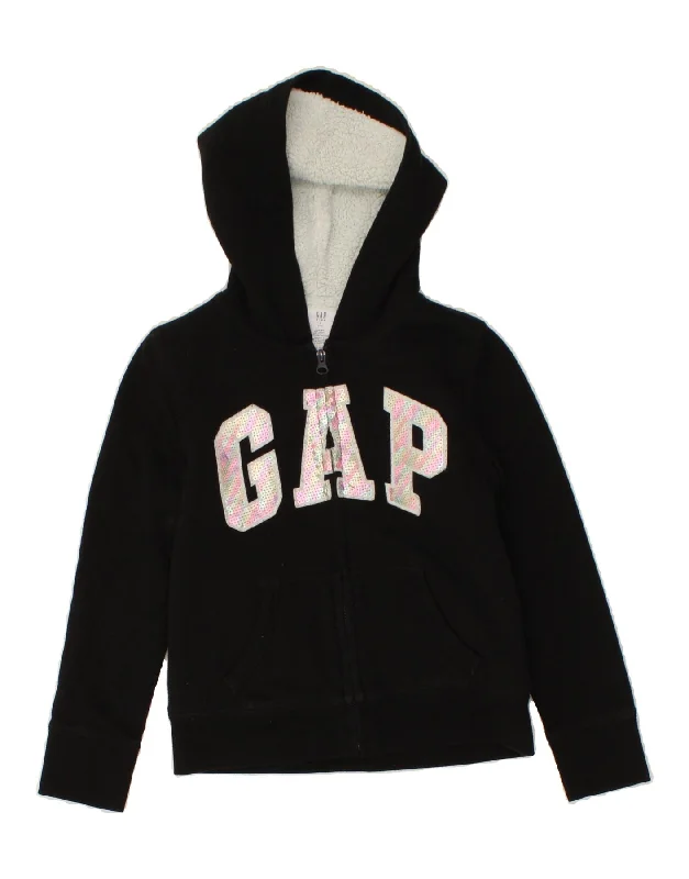 GAP Girls Graphic Zip Hoodie Sweater 9-10 Years Large Black Cotton