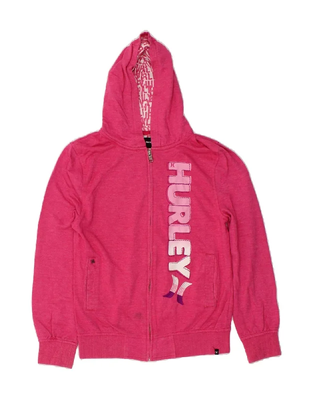 HURLEY Girls Graphic Zip Hoodie Sweater 13-14 Years XL Pink Cotton