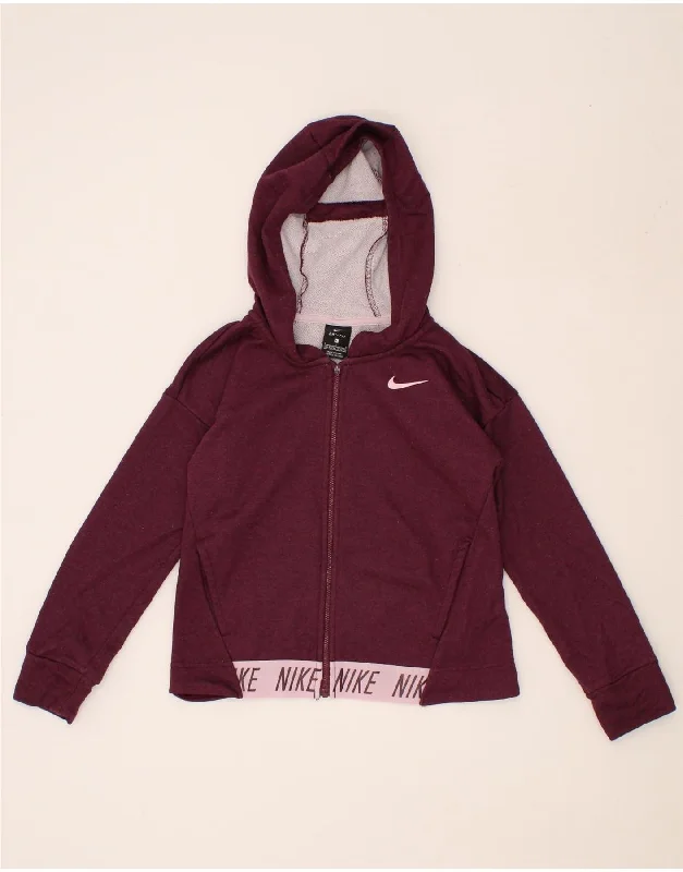 NIKE Girls Dri Fit Graphic Zip Hoodie Sweater 12-13 Years Large Burgundy