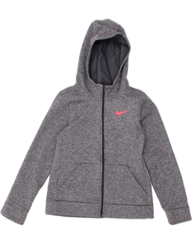 NIKE Girls Dri Fit Zip Hoodie Sweater 10-11 Years Medium Grey Flecked