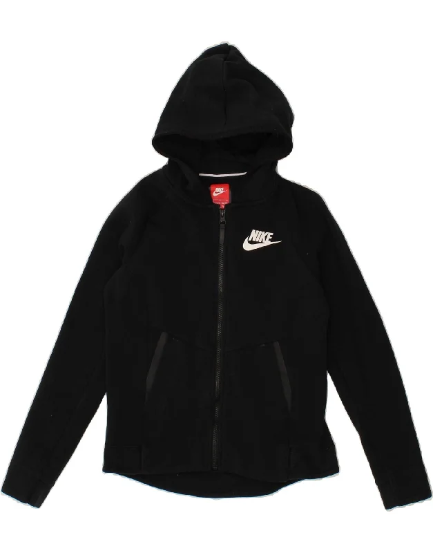 NIKE Girls Graphic Zip Hoodie Sweater 12-13 Years Large Black Cotton