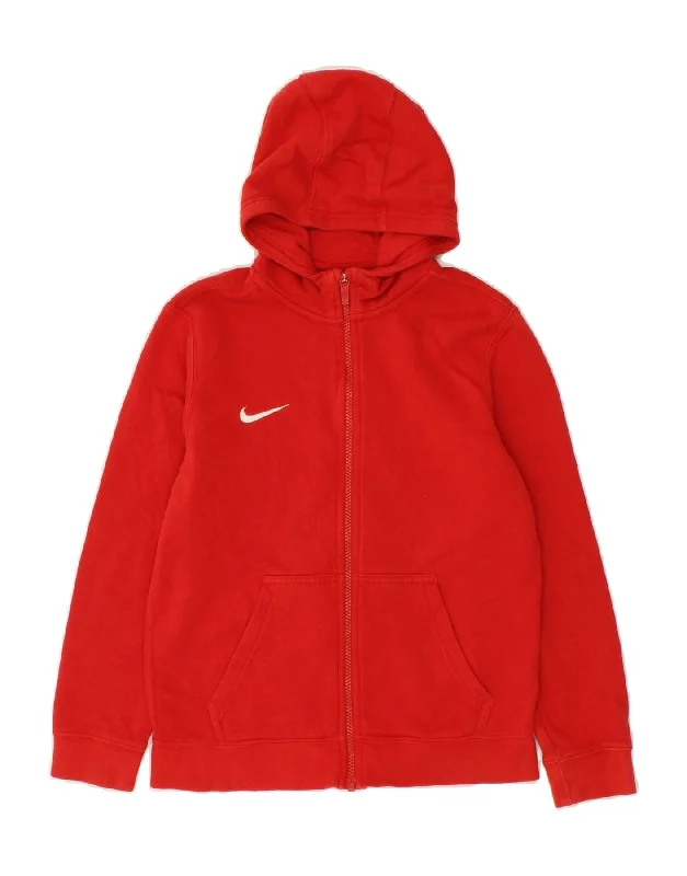 NIKE Girls Zip Hoodie Sweater 10-11 Years Medium Red Cotton