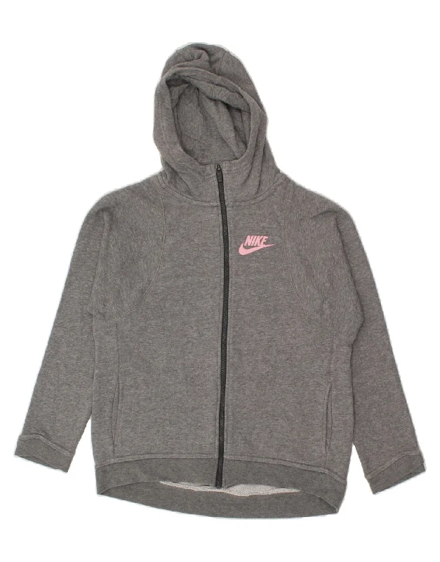 NIKE Girls Zip Hoodie Sweater 13-14 Years XL Grey Cotton