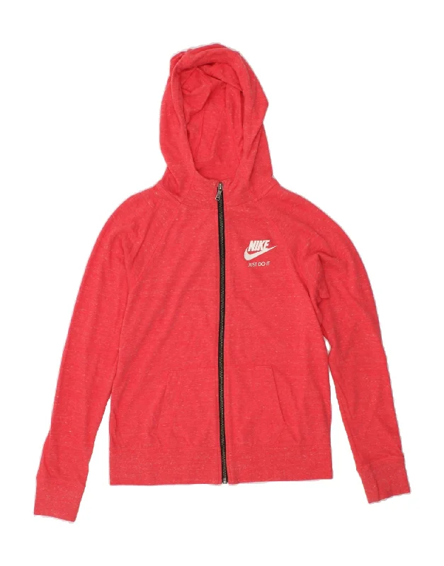 NIKE Girls Zip Hoodie Sweater 13-14 Years XL Red Flecked Cotton