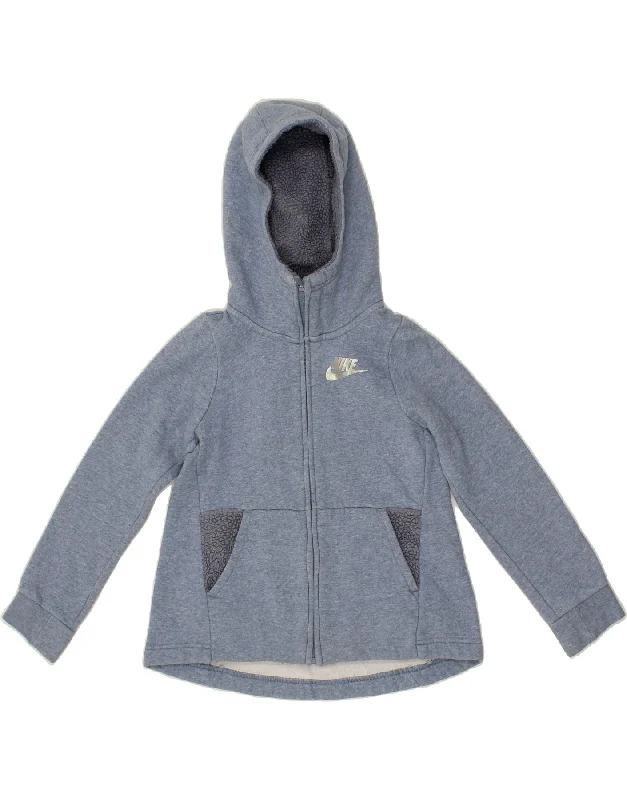 NIKE Girls Zip Hoodie Sweater 8-9 Years Small Blue Cotton