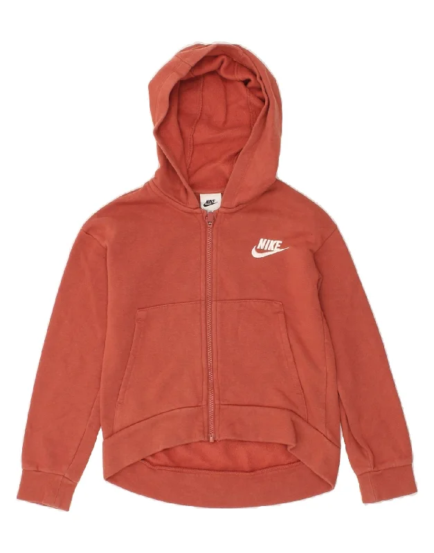 NIKE Girls Zip Hoodie Sweater 8-9 Years Small Brown Cotton