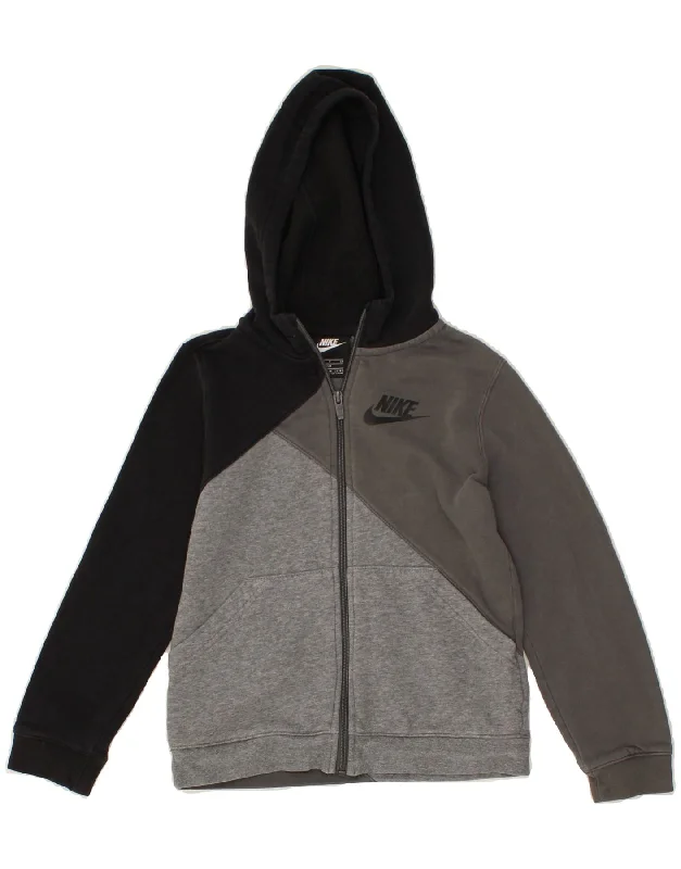 NIKE Girls Zip Hoodie Sweater 8-9 Years Small Grey Colourblock Cotton