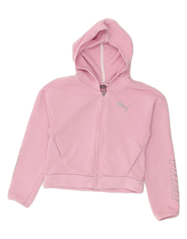 PUMA Girls Crop Graphic Zip Hoodie Sweater 9-10 Years Pink Cotton