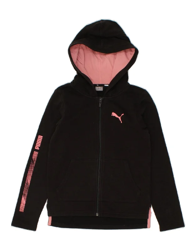 PUMA Girls Graphic Zip Hoodie Sweater 11-12 Years Black Cotton