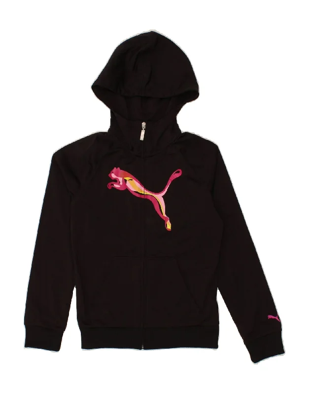 PUMA Girls Graphic Zip Hoodie Sweater 11-12 Years Large Black Polyester