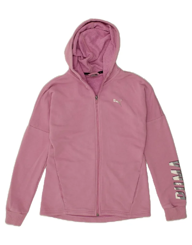 PUMA Girls Graphic Zip Hoodie Sweater 13-14 Years Pink Cotton