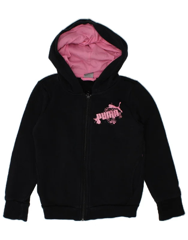 PUMA Girls Graphic Zip Hoodie Sweater 7-8 Years Black Cotton