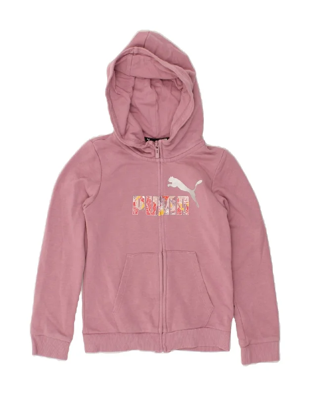 PUMA Girls Graphic Zip Hoodie Sweater 9-10 Years Pink Cotton