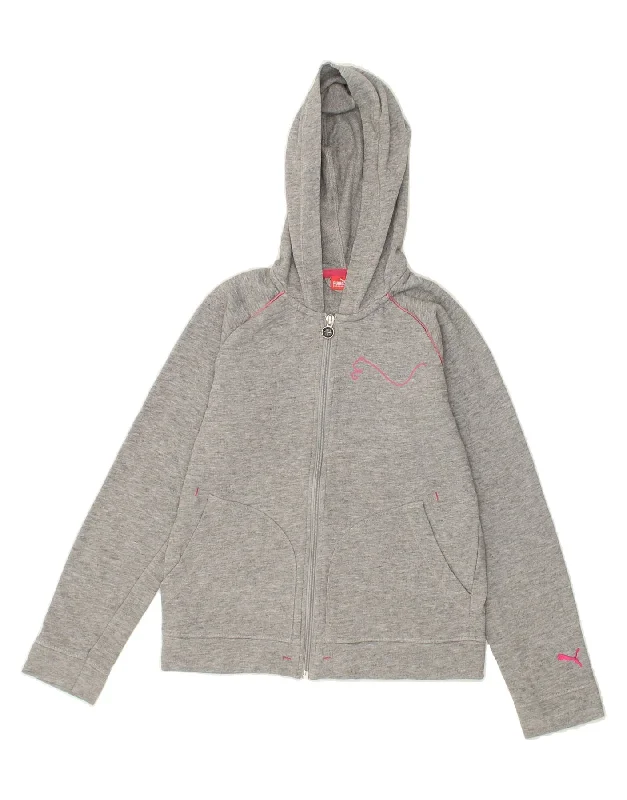 PUMA Girls Zip Hoodie Sweater 11-12 Years Large Grey Flecked