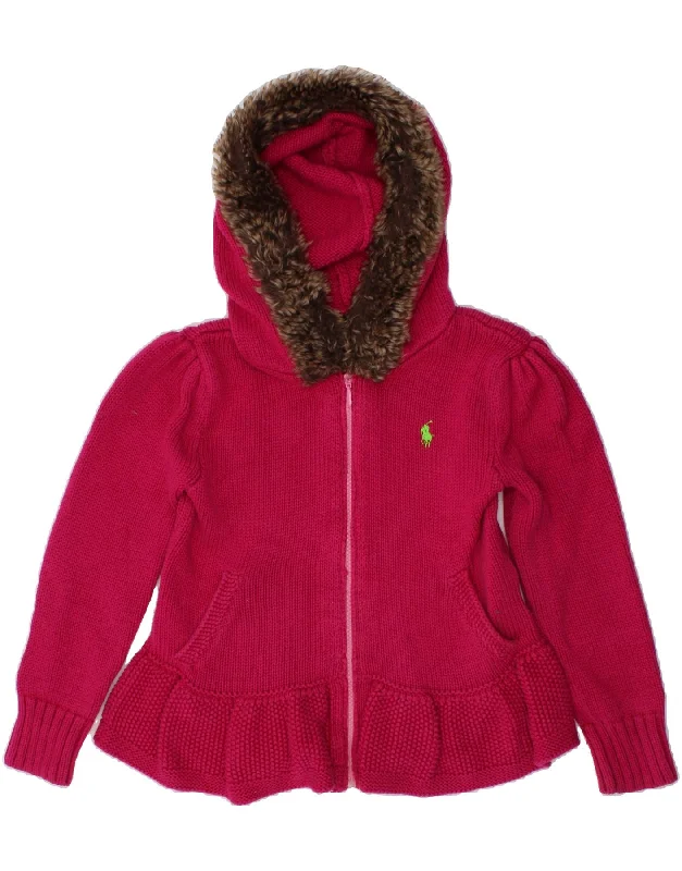 RALPH LAUREN Girls Hooded Cardigan Sweater 4-5 Years Pink Cotton