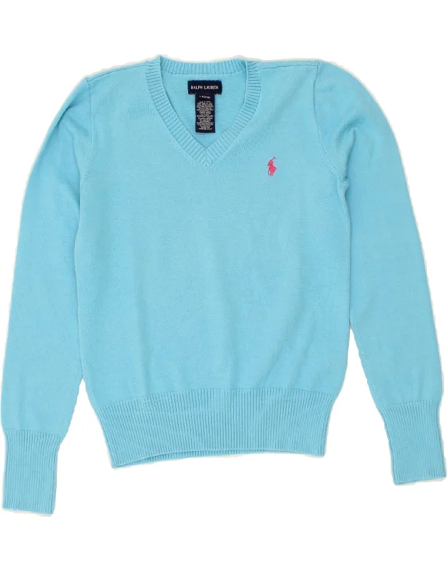 RALPH LAUREN Girls V-Neck Jumper Sweater 12-13 Years Large  Blue Cotton