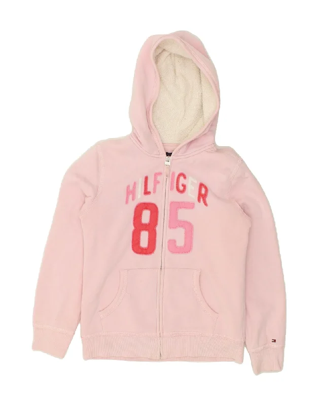 TOMMY HILFIGER Girls Graphic Zip Hoodie Sweater 12-13 Years Large Pink