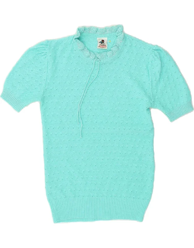 VINTAGE Girls Short Sleeve Crew Neck Jumper Sweater 13-14 Years Turquoise