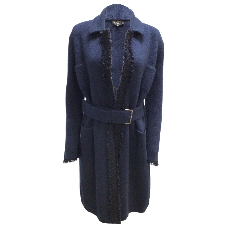 Chanel Navy Blue Gabrielle Coco Patch Belted Cashmere Knit Mid-length Sweater Coat