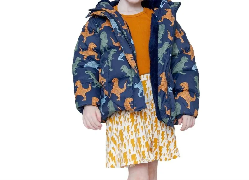 Kids Pete Puffer Jacket In Navy T-Rex