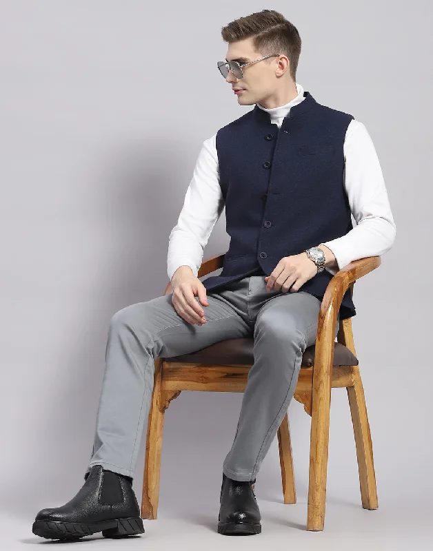 Men Blue Solid Mandarin Collar Sleeveless Nehru Jacket