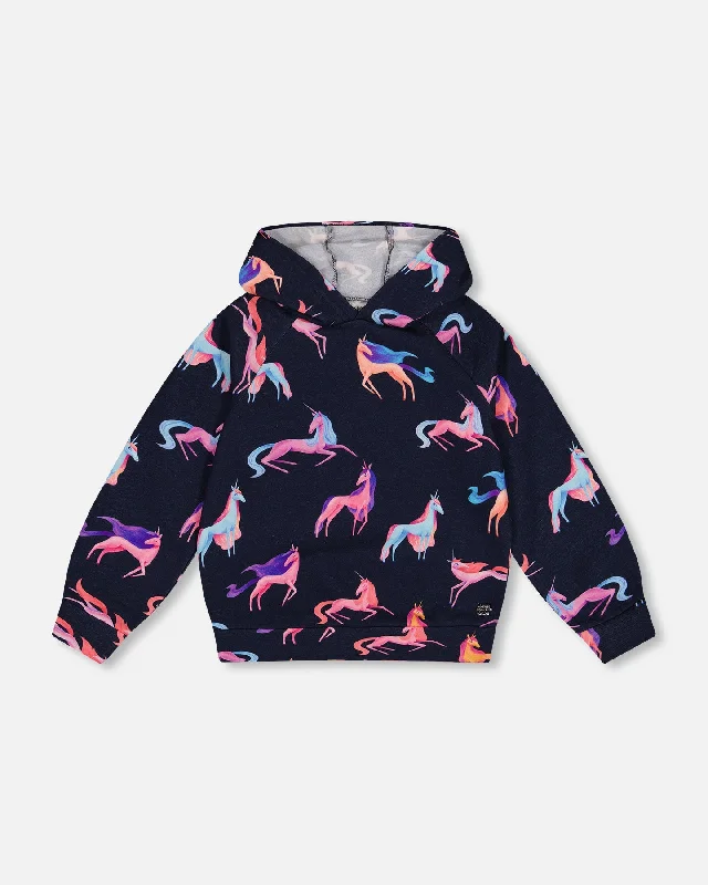 Hooded Sweatshirt Navy Printed Unicorn