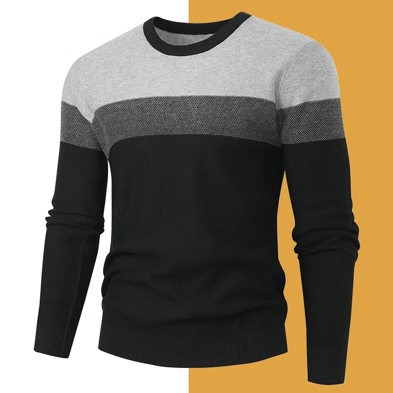 Men's Winter Black Color O-Neck Knitted Soft Slim Sweatshirt Pullover