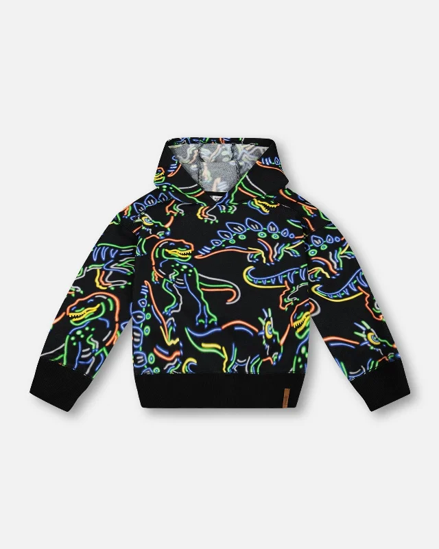 Printed Neon Dino Fleece Hooded Sweatshirt Black