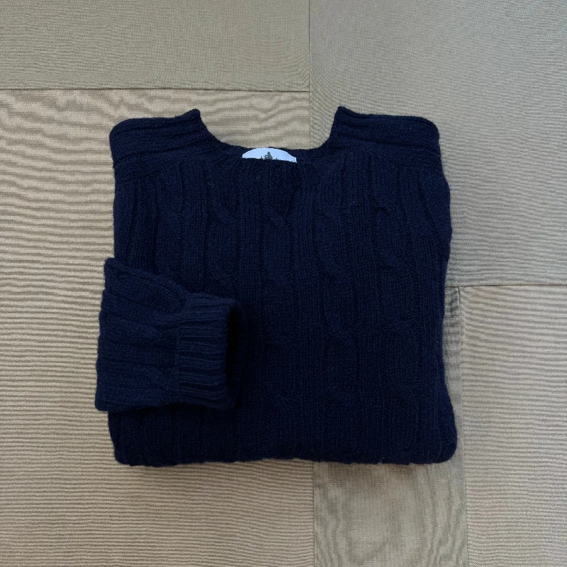 Shetland Wool Cable Crew Sweater, New Navy